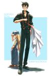  1girl akamatsu_ken artbook baseball_cap black_hair blonde_hair blue_eyes child coat_removed father_and_daughter glasses hand_in_pocket hand_on_hat hand_on_hip hat highres labcoat long_hair love_hina low-tied_long_hair necktie noriyasu_seta official_art overalls popped_collar sarah_mcdougal scan shirt sleeves_rolled_up twintails 