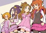  blue_eyes brown_eyes brown_hair green_eyes half_updo houjou_hibiki kurocchirokko kurokawa_ellen long_hair minamino_kanade multiple_girls orange_hair overalls precure purple_hair shirabe_ako shirt short_hair siren_(suite_precure) skirt smile suite_precure two_side_up vest yellow_eyes 