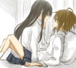  2girls akiyama_mio alternate_hairstyle gogono_pan&#039;ya hair_down k-on! long_hair multiple_girls pillow school_uniform short_hair tainaka_ritsu yuri 