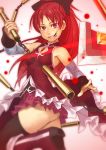  and bare_shoulders black_legwear blush boots bow grin hair_bow leg_up long_hair looking_at_viewer magical_girl mahou_shoujo_madoka_magica mouth_hold pocky ponytail red_eyes red_hair redhead sakura_kyouko skirt smile solo thigh-highs thighhighs weapon 