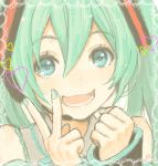  1girl blush green_eyes green_hair hatsune_miku heart long_hair looking_at_viewer open_mouth smile solo usashiro_mani v vocaloid 