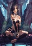  bare_shoulders barefoot black_hair bracelet brown_eyes elbow_gloves feet fingerless_gloves forest gloves hair_over_one_eye jewelry lips looking_at_viewer mabinogi nature navel necklace original shamala short_hair sitting solo toro tree tribal water wet 