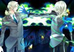  bow dual_persona fire formal gloves green_fire grey_hair hair_bow hair_ornament hairclip long_hair lunatic_(tiger_&amp;_bunny) multiple_boys necktie ponytail silver_hair suit superhero t2rn tiger_&amp;_bunny yuri_petrov 