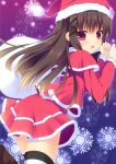  blush boots brown_hair christmas copyright_request gloves hat long_hair looking_at_viewer looking_back megarisu open_mouth red_eyes sack santa_costume santa_hat skirt solo thigh-highs thighhighs white_legwear 