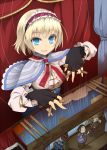 alice_margatroid blonde_hair blue_eyes bow capelet colored_eyelashes curtains doll dress eyelashes fingerless_gloves gloves hair_bow hairband open_mouth puppet puppet_strings puppeteer ribbon short_hair smile solo string touhou uruu_gekka 