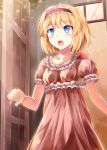  1girl alice_margatroid blonde_hair blue_eyes collarbone e.o. hairband highres lolita_hairband nightgown open_door open_mouth puffy_short_sleeves puffy_sleeves short_hair short_sleeves solo touhou 
