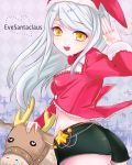  :d ass character_name eve_santaclaus hat highres idolmaster idolmaster_cinderella_girls long_hair midriff minagi_aki open_mouth reindeer santa_hat short_shorts shorts silver_hair smile solo yellow_eyes 