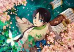  black_hair blue_eyes butterfly cherry_blossoms flower from_above japanese_clothes kimono leaf lily_pad looking_up male open_mouth petals saiyki scroll short_hair soaking_feet solo watanuki_kimihiro water watermark web_address xxxholic yukata 