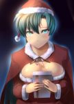  blush breasts bust cleavage fire_emblem fire_emblem:_rekka_no_ken gift glowing gradient gradient_background green_eyes green_hair hat holding large_breasts looking_at_viewer lyndis_(fire_emblem) necktie ponytail ribbon santa_costume santa_hat shinon_(tokage_shuryou) smile solo 