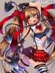  belt breasts brown_hair chain chains collar fingerless_gloves gloves junketsu_duelion mataro midriff navel official_art open_clothes open_mouth open_shirt simple_background skirt solo striped striped_legwear suspenders thigh-highs thighhighs torn_clothes twintails yellow_eyes 