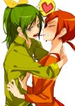  blush casual closed_eyes eyes_closed green_eyes green_hair heart hino_akane hug midorikawa_nao mouth_hold multiple_girls open_mouth orange_hair pocky pocky_kiss ponytail precure shared_food short_hair simple_background smile_precure! tima white_background yuri 