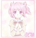  blush border bust face graphite_(medium) hair_ribbon hands_together highres kaname_madoka looking_at_viewer mahou_shoujo_madoka_magica mixed_media pink_eyes pink_hair ribbon school_uniform sekiyu. short_hair short_twintails smile solo traditional_media twintails wind 