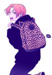  backpack bag black_eyes danbi2021 earrings fate/zero fate_(series) from_behind jewelry leopard_print looking_back male open_mouth orange_hair short_hair smile solo uryuu_ryuunosuke 