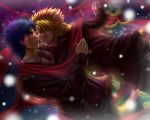  blonde_hair blue_eyes blue_hair christmas_tree dio_brando dire_(jojo) hat jojo_no_kimyou_na_bouken jonathan_joestar light_particles multiple_boys parody ribbon scarf signature stone_mask_(jojo) top_hat yaoi yukkuri_shiteitte_ne yumeko_(artist) 