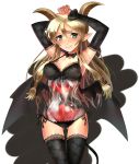  armpits arms_up bat_wings black_bra black_panties blonde_hair blush bow bra demon_girl green_eyes horns hourglass katahira_masashi lace lace-trimmed_thighhighs lingerie looking_at_viewer original panties pointy_ears pun see-through side-tie_panties solo tail thigh-highs thighhighs too_literal transparent underwear wings 