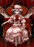  ascot bat_wings blood blood_stain blue_hair cup dress fang hat highres minakata_sunao red_eyes remilia_scarlet short_hair sitting smile solo touhou wine_glass wings 