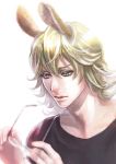  animal_ears barnaby_brooks_jr blonde_hair bunny_ears cocoon_(yuming4976) eyelashes glasses glasses_removed green_eyes kemonomimi_mode rabbit_ears realistic solo t-shirt tiger_&amp;_bunny 