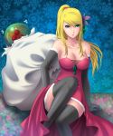  bangs blonde_hair breasts cleavage dress elbow_gloves female flower gloves green_eyes hair_ornament highres kuroma_(atapi) large_breasts leaning long_hair metroid metroid_(creature) motion_lines necktie parted_lips ribbon sack samus_aran sitting snowflakes solo swept_bangs thigh-highs thighhighs 