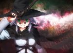  agent_(ikuoikuo) breast_bondage breasts cape character_request crazy_eyes green_eyes grin gun hat highres lavender_hair revolver short_hair smile solo sunglasses weapon witch_hat zero_in 