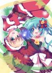  1girl amamine aqua_eyes aqua_hair belt blonde_hair choker dress elbow_gloves gloves hat hatsune_miku highres kagamine_len long_hair mittens musical_note open_mouth santa_costume santa_hat twintails vocaloid 