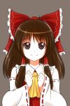  ascot brown_eyes brown_hair detached_sleeves hair_tubes hakurei_reimu highres long_hair ribbon smile solo touhou x&amp;x&amp;x 