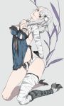  bandage belt bow braid breasts elbow_gloves flower frills gloves grey_eyes hair_in_mouth hair_ornament high_heels highres kaine_(nier) kazari_tayu kneeling lingerie long_legs negligee nier panties ribbon shoes short_hair silver_hair slender_waist solo thigh-highs thigh_strap thighhighs underwear white_hair white_panties 