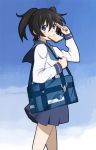  black_hair black_rock_shooter blue_eyes bread bread_in_mouth food grin kuroi_mato mouth_hold salute school_bag school_uniform serafuku short_hair smile solo toast toast_in_mouth twintails 