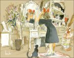  animal black_dress book bookshelf bouquet broom brown_hair cat character_name dress flower gori_matsu hair_ribbon jiji_(majo_no_takkyuubin) kiki leaning_forward majo_no_takkyuubin mirror ribbon sepia short_hair standing studio_ghibli traditional_media watercolor_(medium) 