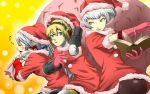  aegis android blonde_hair blue_eyes blush book costume dress elizabeth_(persona) gloves grin hat headphones kamui kamui_sathi labrys long_hair multiple_girls open_mouth pantyhose persona persona_3 persona_4:_the_ultimate_in_mayonaka_arena ponytail sack santa_costume santa_hat short_hair silver_hair smile yellow_eyes 