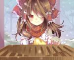  absurdres ascot bare_shoulders blush bow box brown_hair detached_sleeves donation_box eyelashes forest hair_bow hair_tubes hakurei_reimu highres light_smile lips long_hair nature pointing red_eyes sachi_(artist) scarf snow solo torii touhou wink 