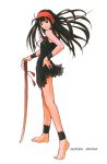  akamatsu_ken alternate_hairstyle anklet aoyama_motoko artbook bare_shoulders barefoot black_dress black_hair character_name dress hand_on_hip headband highres jewelry katana long_hair love_hina scan sheath sheathed smile solo sword weapon 