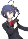  ahoge aqua_eyes blue_hair chuunibyou_demo_koi_ga_shitai! eyepatch gun handgun looking_at_viewer mauser_c96 neurzero pistol school_uniform short_hair side_ponytail simple_background solo takanashi_rikka weapon white_background 