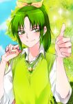  green_eyes green_hair midorikawa_nao ponytail precure school_uniform short_hair sleeves_rolled_up smile smile_precure! solo sweater_vest thumbs_up tima 