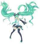  boots detached_sleeves fingerless_gloves floating_hair gloves green_eyes green_hair hatsune_miku headset kuga_zankurou long_hair microphone necktie simple_background skirt smile solo thigh-highs thigh_boots thighhighs twintails very_long_hair vocaloid wand white_background 