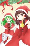  ascot brown_eyes brown_hair detached_sleeves green_eyes green_hair hair_tubes hakurei_reimu hat highres holly kochiya_sanae multiple_girls nimu_(siroirousagi) open_mouth ribbon sack santa_costume santa_hat smile touhou 