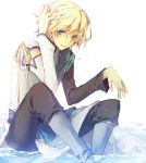  asymmetrical_clothes blonde_hair boots detached_sleeves fay_d_flourite hand_on_head male maro_(nikeneko523) pants short_hair sitting tsubasa_chronicle water wet white_background 