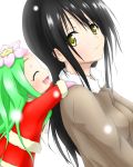  2girls black_hair celine closed_eyes dutch_angle eyes_closed flower fur_trim green_hair kotegawa_yui multiple_girls simple_background snow to_love-ru white_background winter_clothes yellow_eyes 