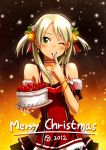  bail bare_shoulders bell blonde_hair blush breasts cake christmas cleavage detached_sleeves dress finger_licking food green_eyes green_hair hair_ornament licking long_hair looking_at_viewer merry_christmas original short_hair smile snow solo twintails wink 