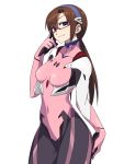  adjusting_glasses blue_eyes bodysuit brown_hair chan_co clothed_navel evangelion:_3.0_you_can_(not)_redo glasses hairband hand_on_hip highres light_smile long_hair looking_at_viewer makinami_mari_illustrious neon_genesis_evangelion pilot_suit plugsuit rebuild_of_evangelion red-framed_glasses semi-rimless_glasses simple_background skin_tight solo under-rim_glasses white_background 