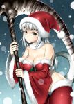  breasts christmas cleavage dark_souls detached_sleeves erect_nipples fur fur_trim hat highres horns large_breasts long_hair old-one priscilla_the_crossbreed santa_costume santa_hat scythe smile snow solo tail weapon white_hair yellow_eyes 