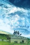  akitsu_taira animal bird blonde_hair blue_eyes cloud clouds grass highres izumi_luna_(akitsu_taira) long_hair original scenery sky standing umbrella 