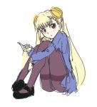  blonde_hair bun_cover capcom_fighting_jam double_bun dress ingrid knees_on_chest long_hair looking_at_viewer mary_janes pantyhose pas_(paxiti) pigeon-toed red_eyes shoes sitting sketch solo 