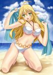  ahoge bandeau beach bikini blonde_hair breasts cleavage green_eyes hobenkei hoshii_miki idolmaster kneeling large_breasts long_hair looking_at_viewer o-ring_bikini ocean open_mouth smile solo swimsuit 