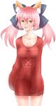  animal_ears blush bow breasts caster_(fate/extra) fate/extra fate_(series) fox_ears full-face_blush hair_bow highres long_sleeves naked_sweater no_bra pink_hair pltrgst smile solo sweater twintails yellow_eyes 