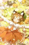  animal_ears blush cat cat_ears cat_tail chen closed_eyes earrings eyes_closed hat highres im_(badmasa) jewelry lying on_back outstretched_arms short_hair single_earring smile solo tail touhou 