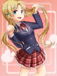  anti_(untea9) blazer blonde_hair blue_eyes chuunibyou_demo_koi_ga_shitai! dekomori_sanae hair_grab hair_ornament hairclip long_hair open_mouth plaid plaid_skirt school_uniform skirt smile solo twintails very_long_hair 