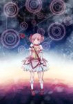  bow bow_(weapon) bubble_skirt cuivre dress gloves hair_bow kaname_madoka looking_at_viewer magical_girl mahou_shoujo_madoka_magica pink_dress pink_eyes pink_hair ribbon_choker smile solo twintails weapon white_gloves wings 