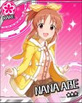  abe_nana brown_eyes brown_hair character_name coat hair_ribbon hoodie idolmaster idolmaster_cinderella_girls jpeg_artifacts looking_at_viewer miniskirt official_art pink_background ponytail ribbon skirt smile solo thigh-highs thighhighs winter_clothes zettai_ryouiki 