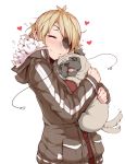  blonde_hair blush copyright_request dog eyepatch heart hug jacket pug saliva smile tail tail_wagging tears tongue white_background zako_(arvinry) 