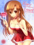  absurdres asuna_(sao) breasts brown_eyes brown_hair christmas cleavage highres mouth_hold nishijou_myu solo sword_art_online wand 
